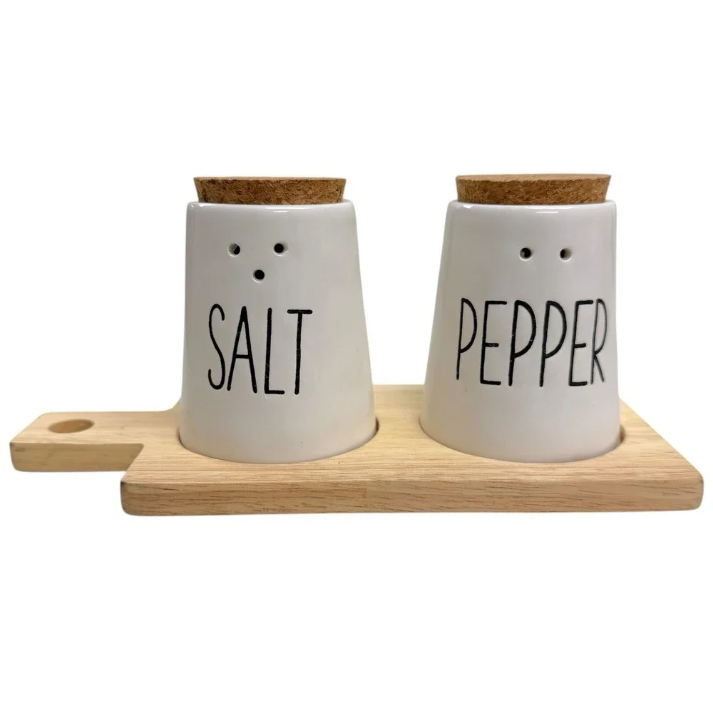 Pier 1 Imports Ceramic Salt & Pepper Shakers Wood Base Minimalistic Discontinued